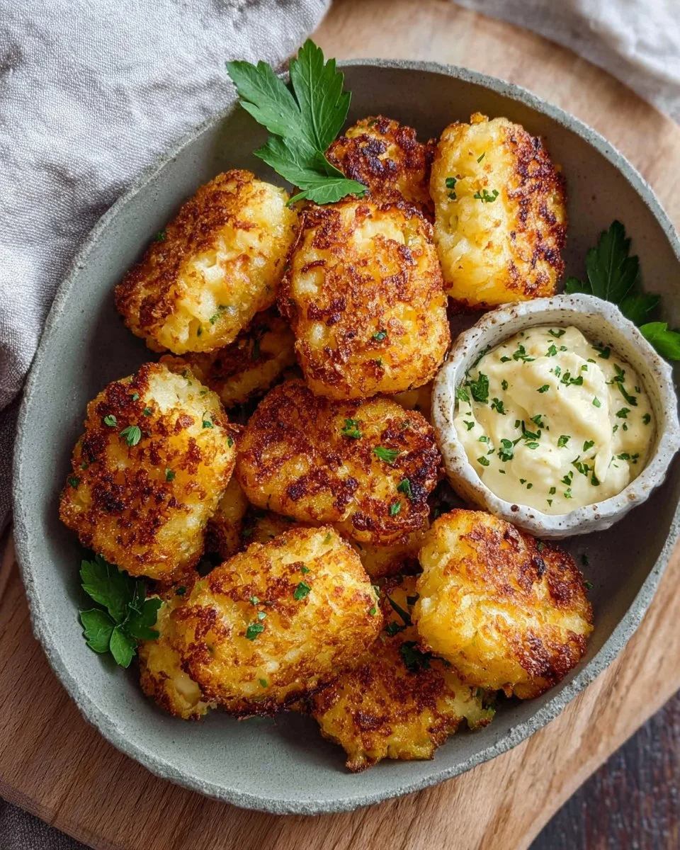 Crispy cottage cheese cauliflower tots served on a plate with dipping sauce