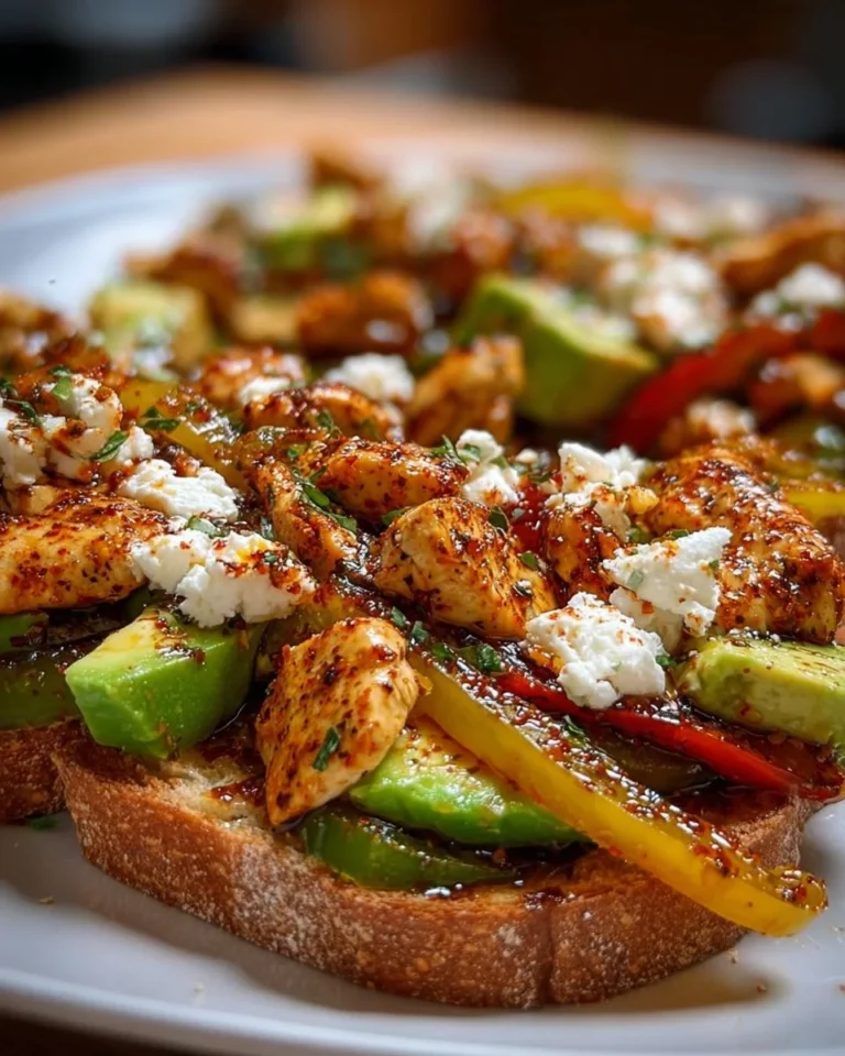 Cottage Cheese Toast topped with Avocado and Hot Honey on a rustic wooden table