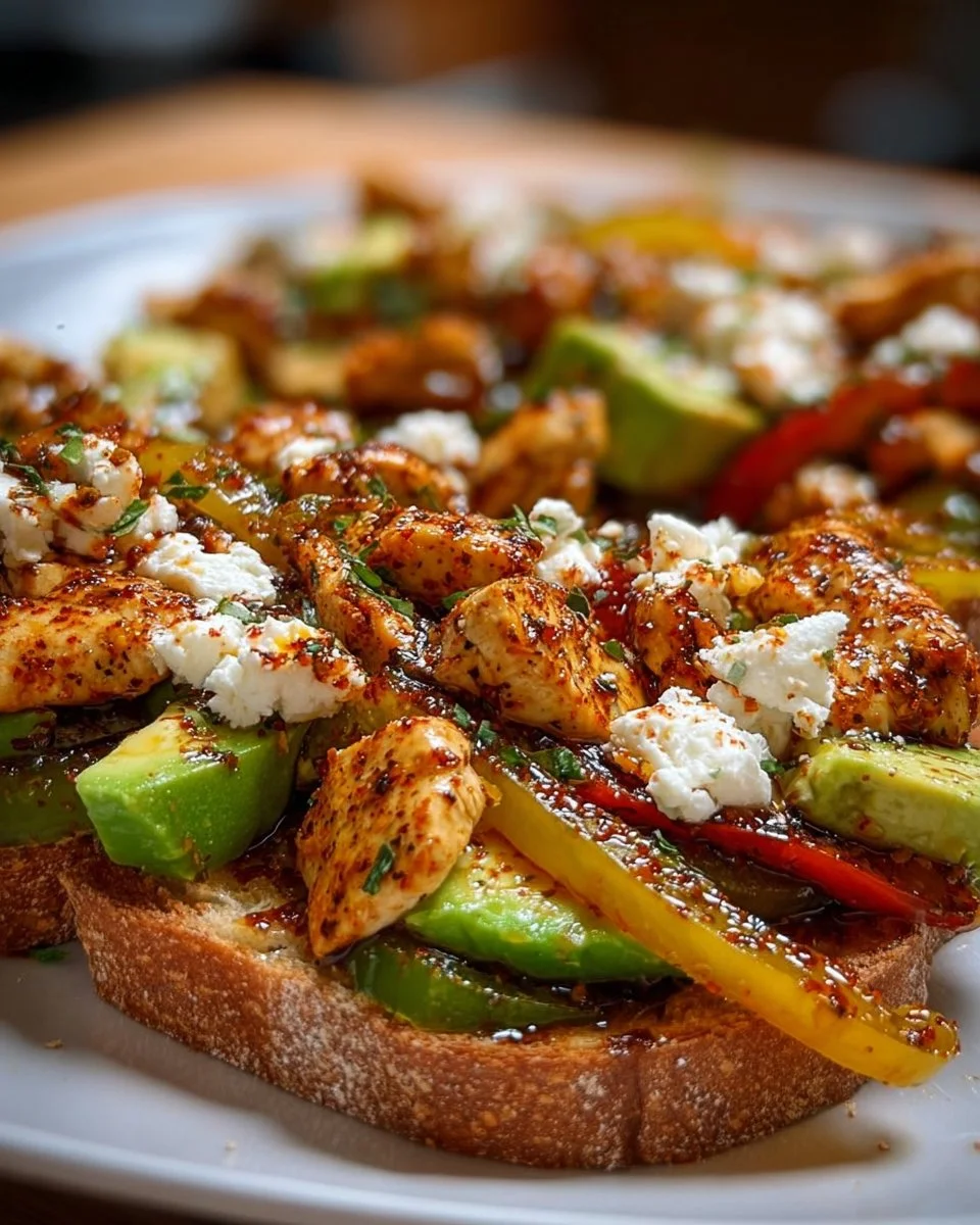 Cottage Cheese Toast topped with Avocado and Hot Honey on a rustic wooden table