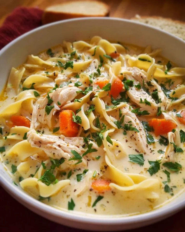 Bowl of cozy chicken noodle soup with vegetables and herbs