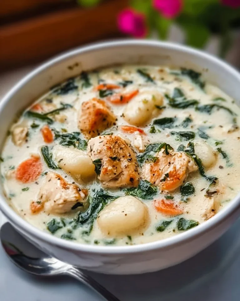 Bowl of cozy creamy chicken gnocchi soup topped with fresh herbs