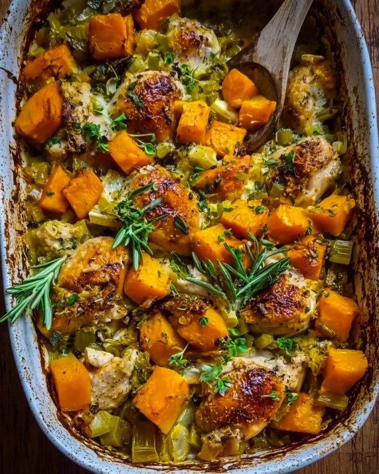 Cozy roasted chicken bake with leeks and butternut squash in a dish