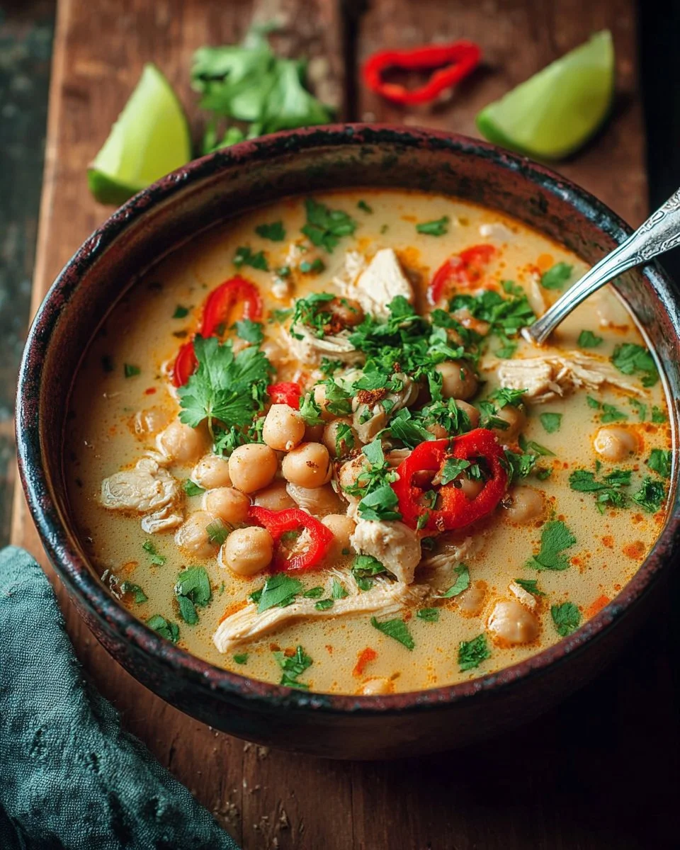 Cozy white chicken chili with garbanzo beans in a bowl