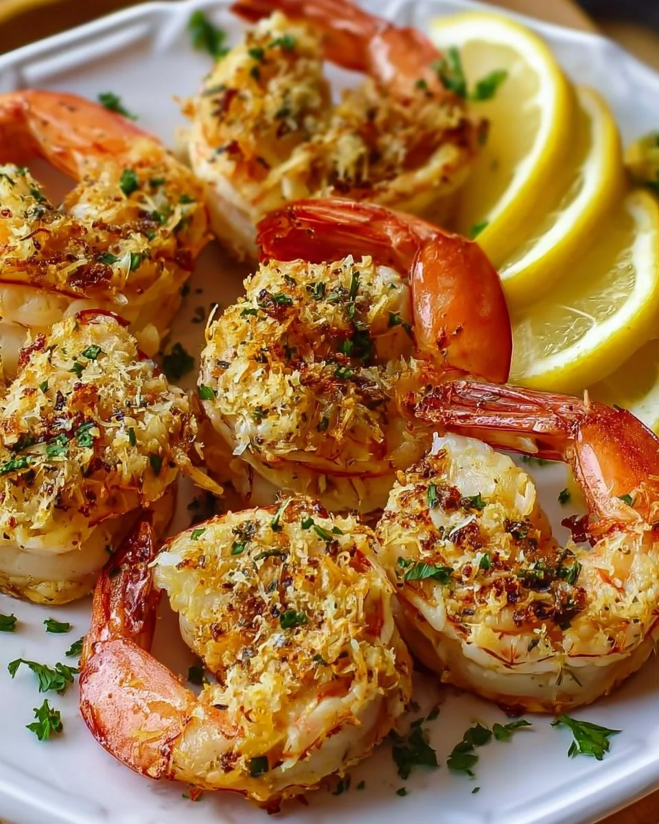 Delicious crab stuffed shrimp dish served on a plate with herbs.