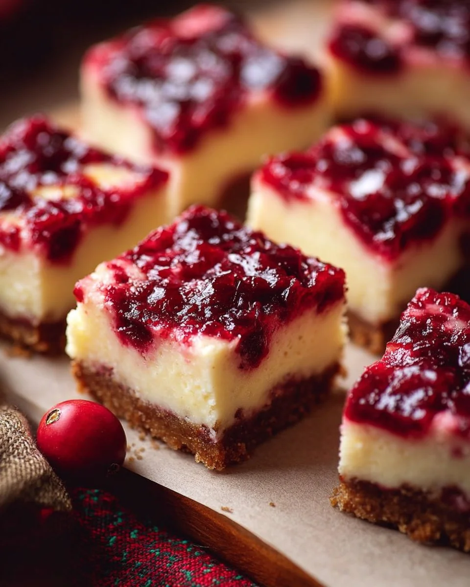 Delicious cranberry cheesecake bars with a creamy topping and tart cranberry layer.