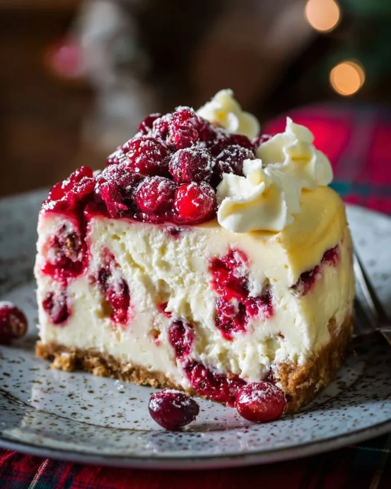 Slice of Cranberry White Chocolate Cheesecake with cranberries and chocolate on top