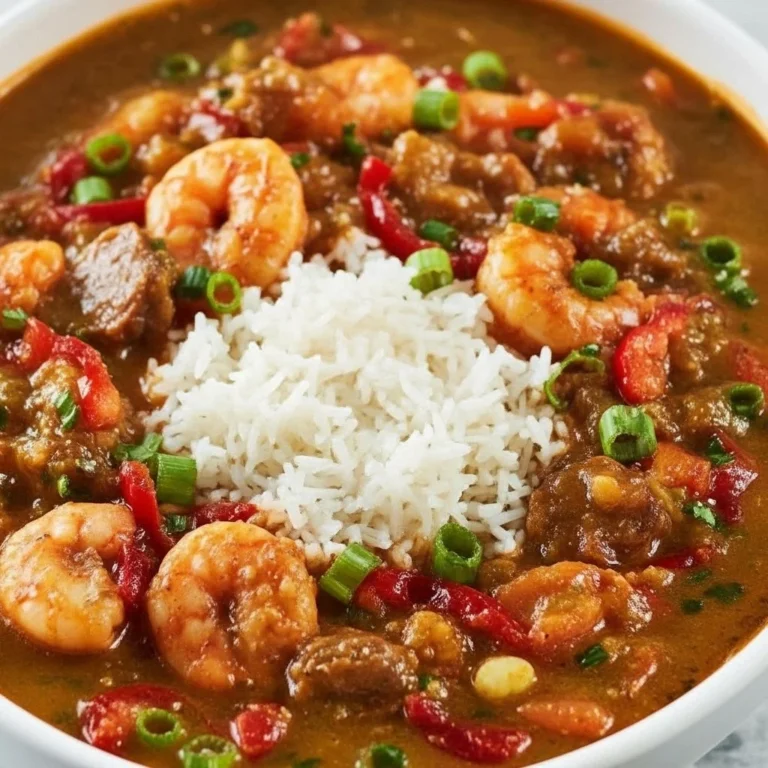 Delicious serving of Crawfish Etouffee garnished with green onions and rice