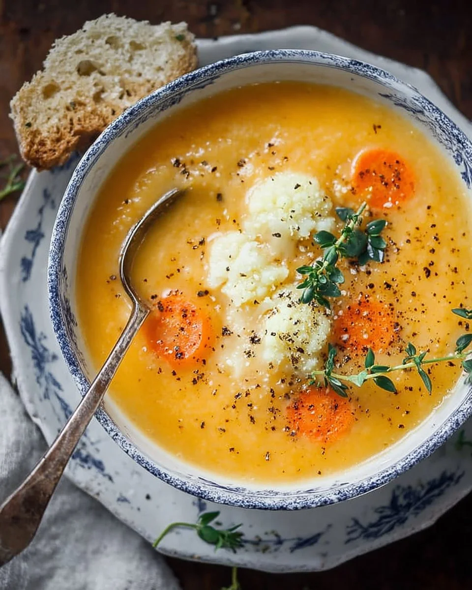 Bowl of creamy cauliflower carrot soup garnished with herbs