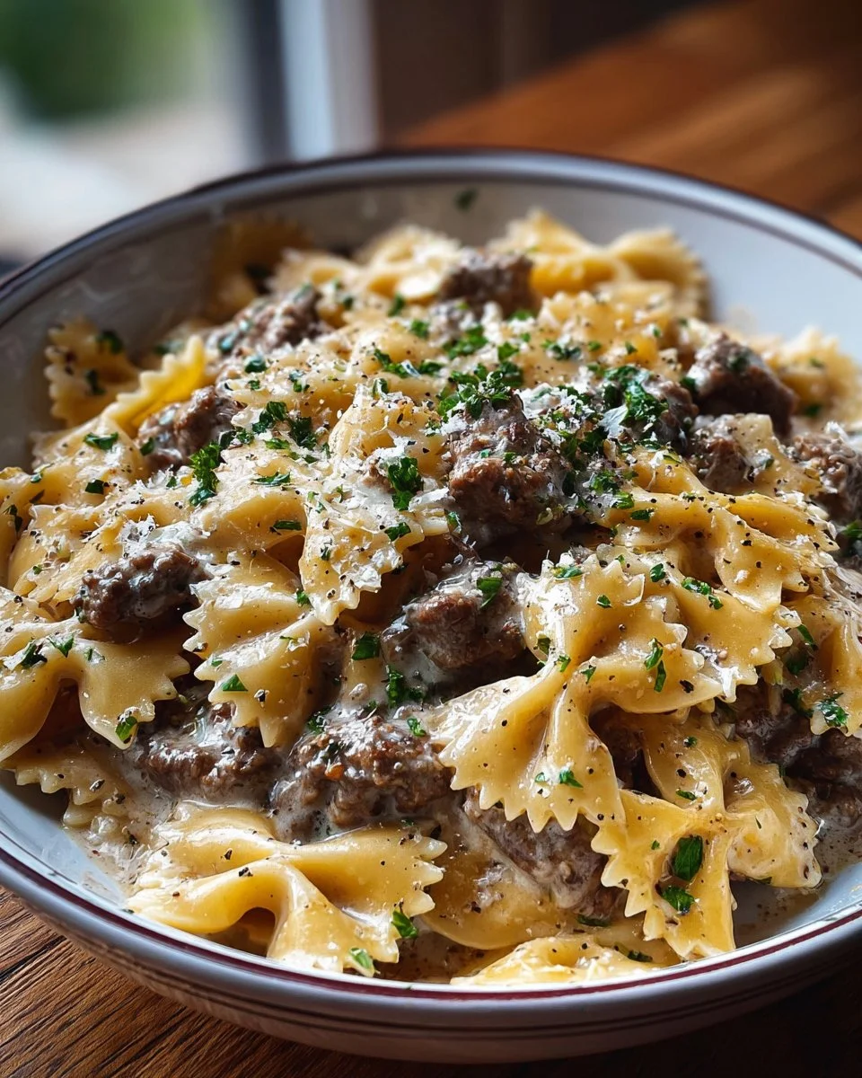 Creamy Parmesan Garlic Beef Bowtie Pasta served in a bowl