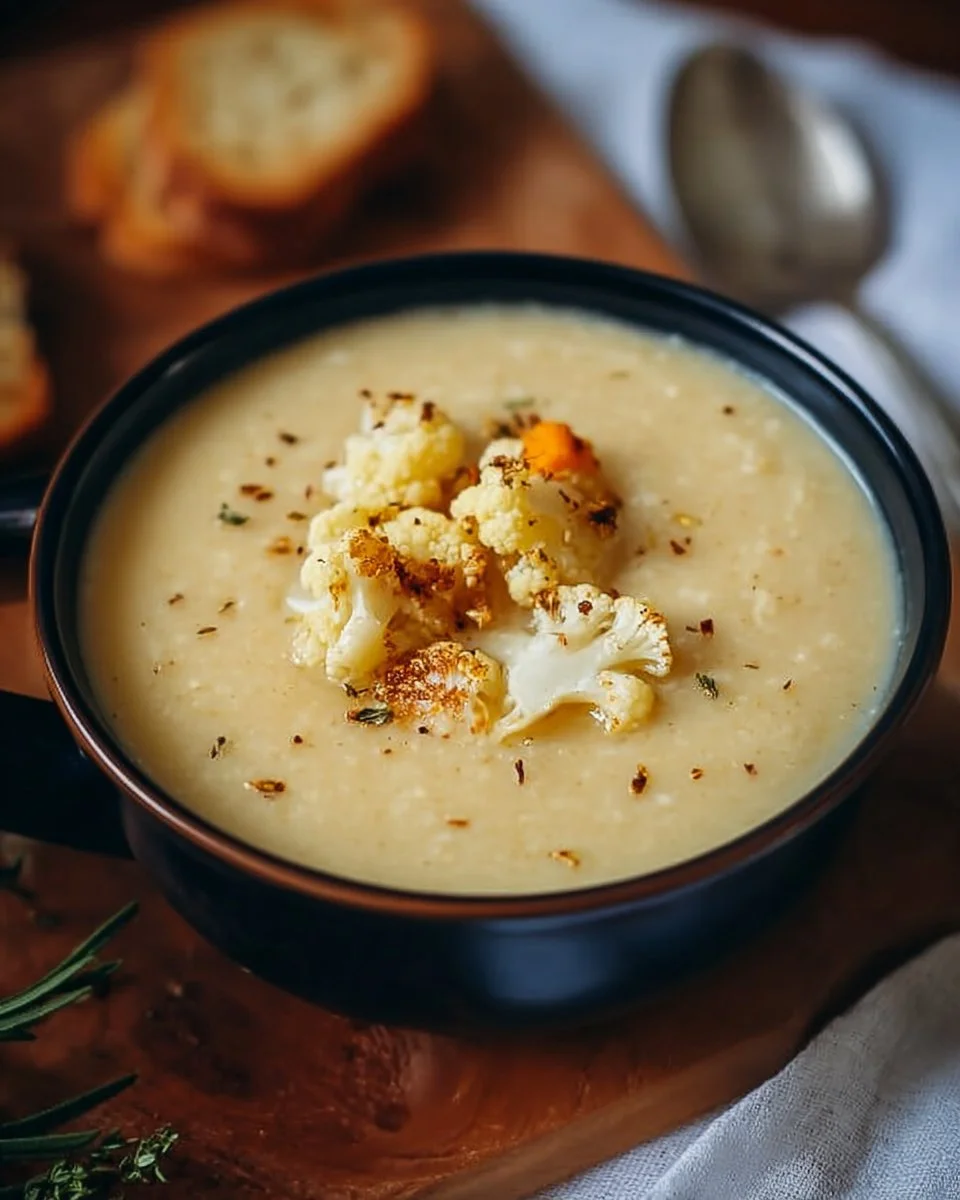 Creamy roasted vegan cauliflower soup in a bowl, garnished with herbs.