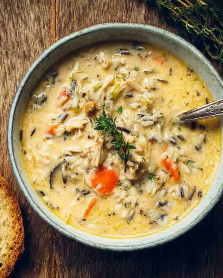 Bowl of creamy turkey wild rice soup garnished with herbs
