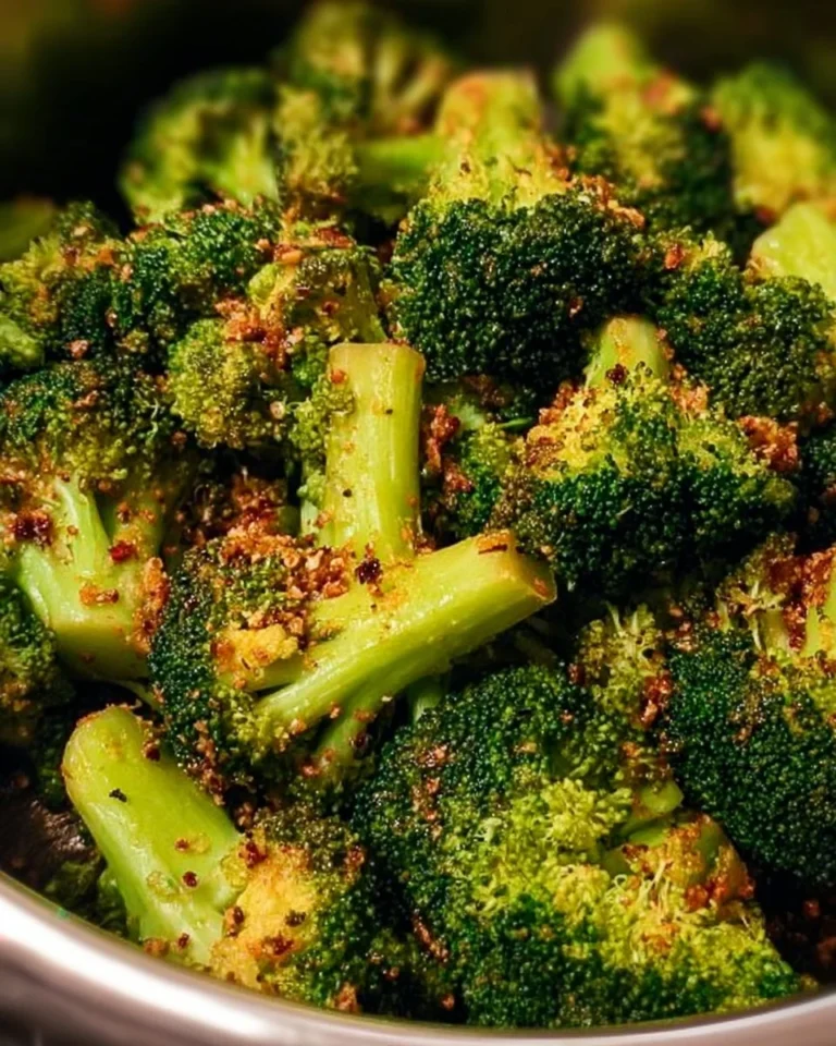 Crispy garlic air fryer broccoli served in a bowl.