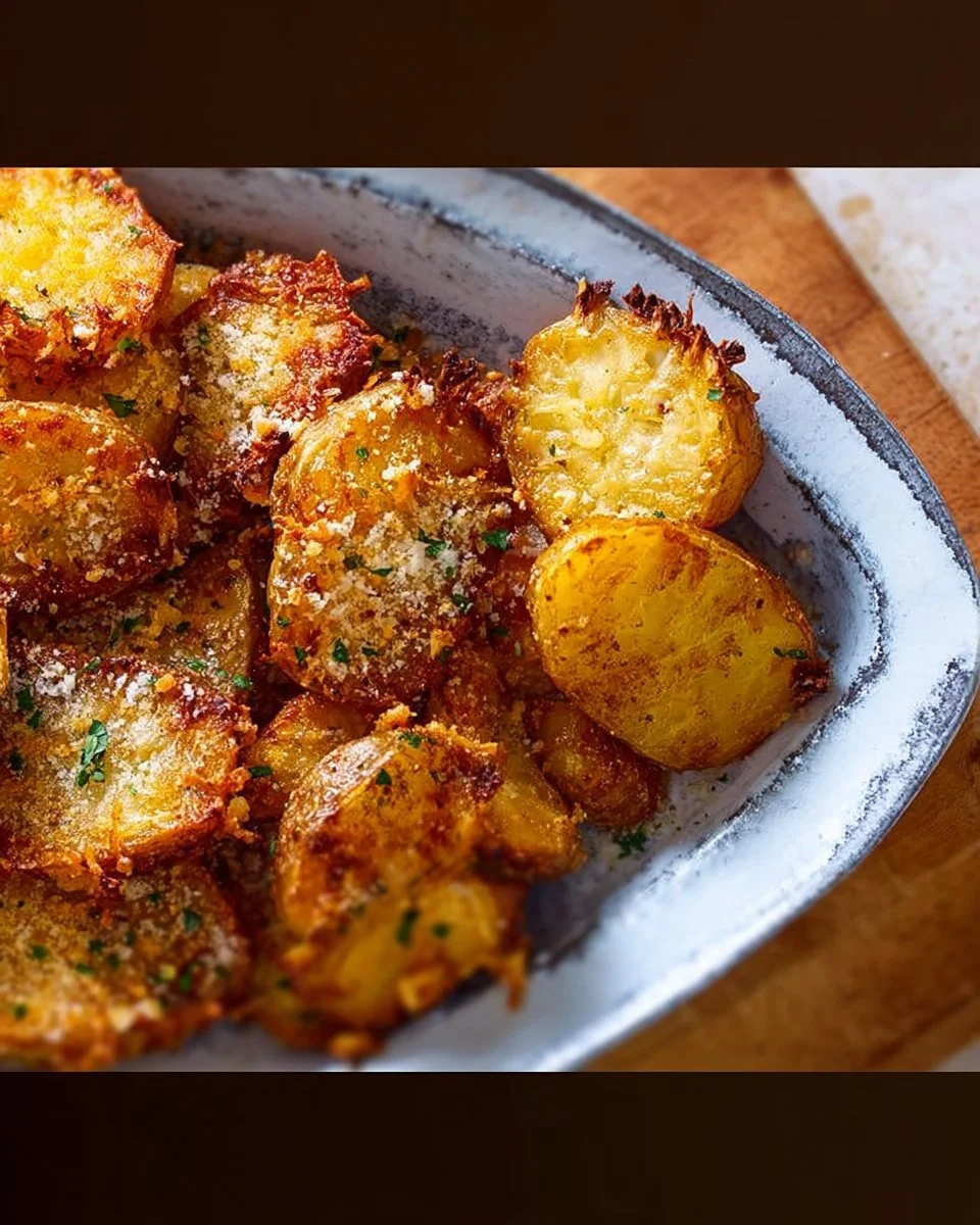 Plate of crispy garlic parmesan potatoes garnished with herbs