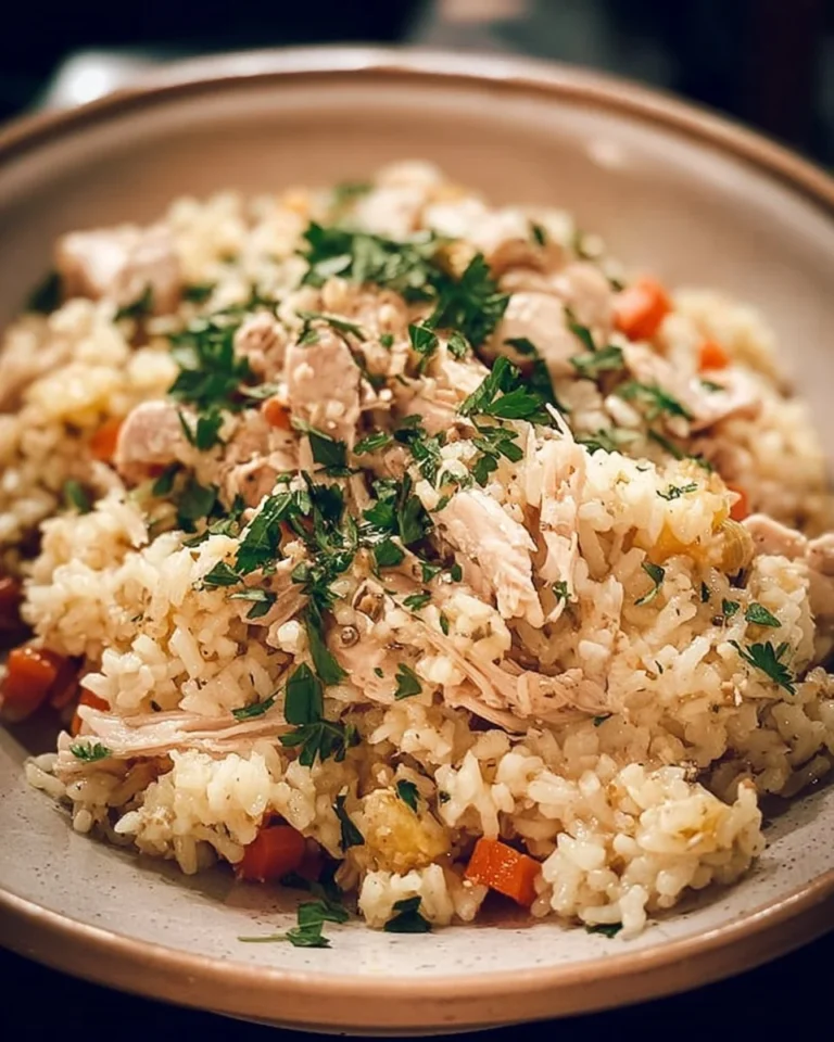 Delicious Crockpot chicken and rice dish garnished with herbs