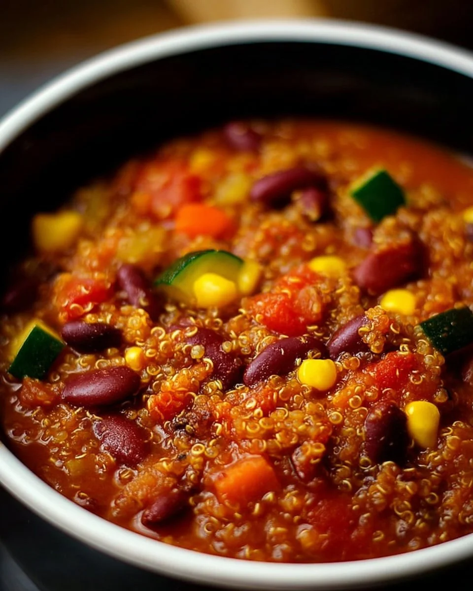 Delicious Crockpot Vegan Quinoa Chili in a bowl with fresh herbs