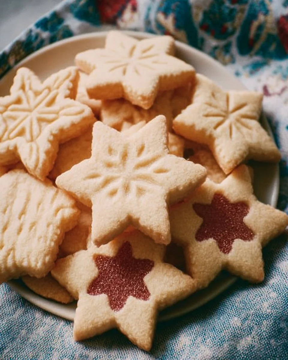 Delicious homemade cutout shortbread cookies in festive shapes.