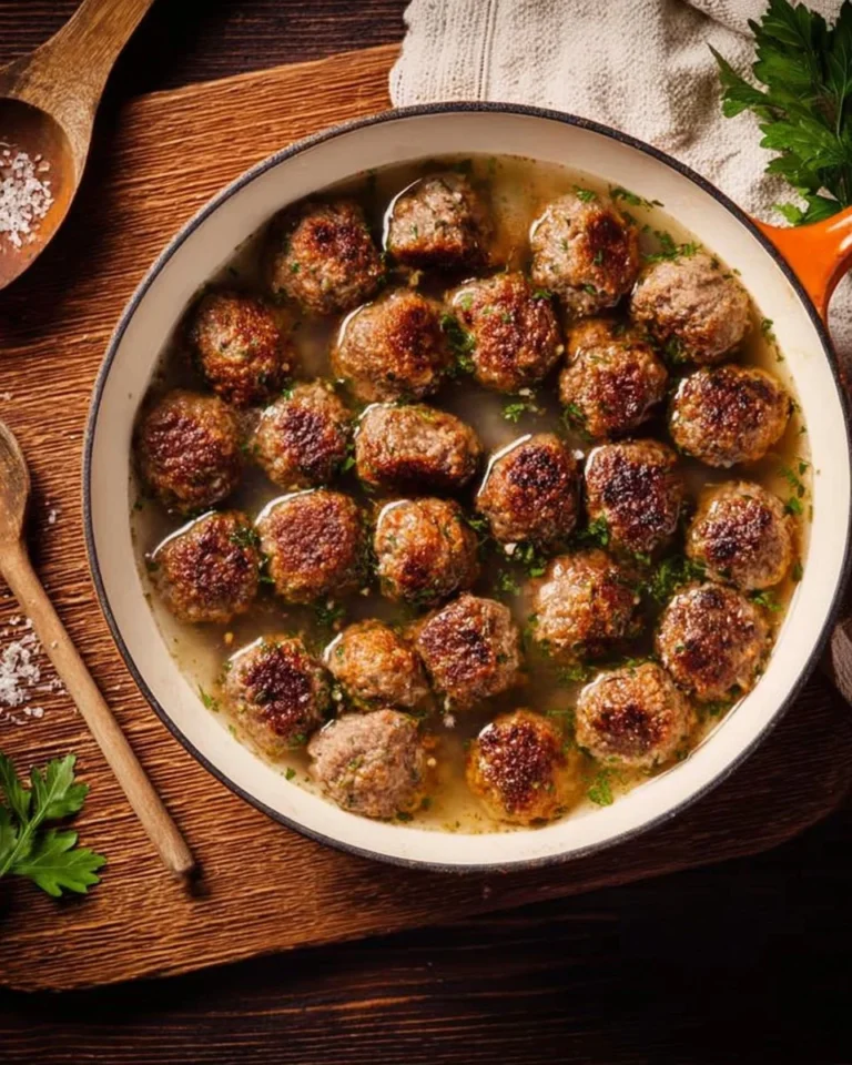 Bowl of Czoy Mini Meatball Italian Wedding Soup with fresh herbs and vegetables