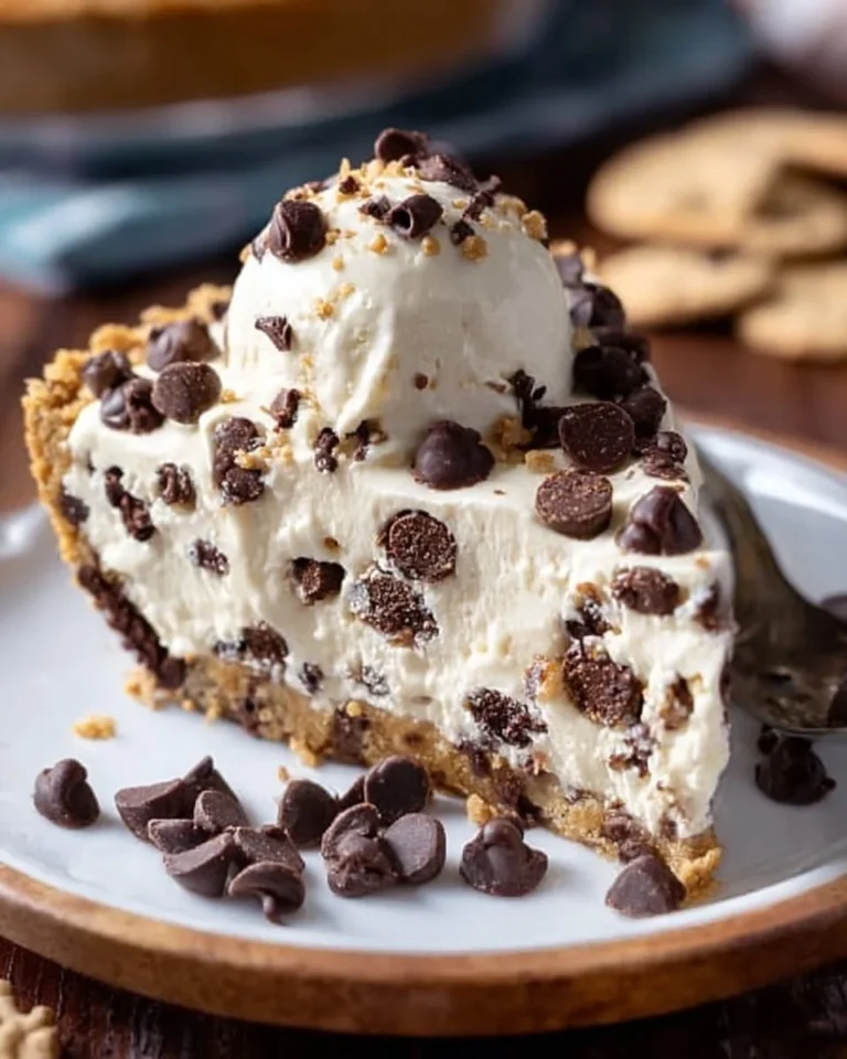 Decadent chocolate chip cookie dough ice cream pie with chocolate drizzle and cookie chunks.