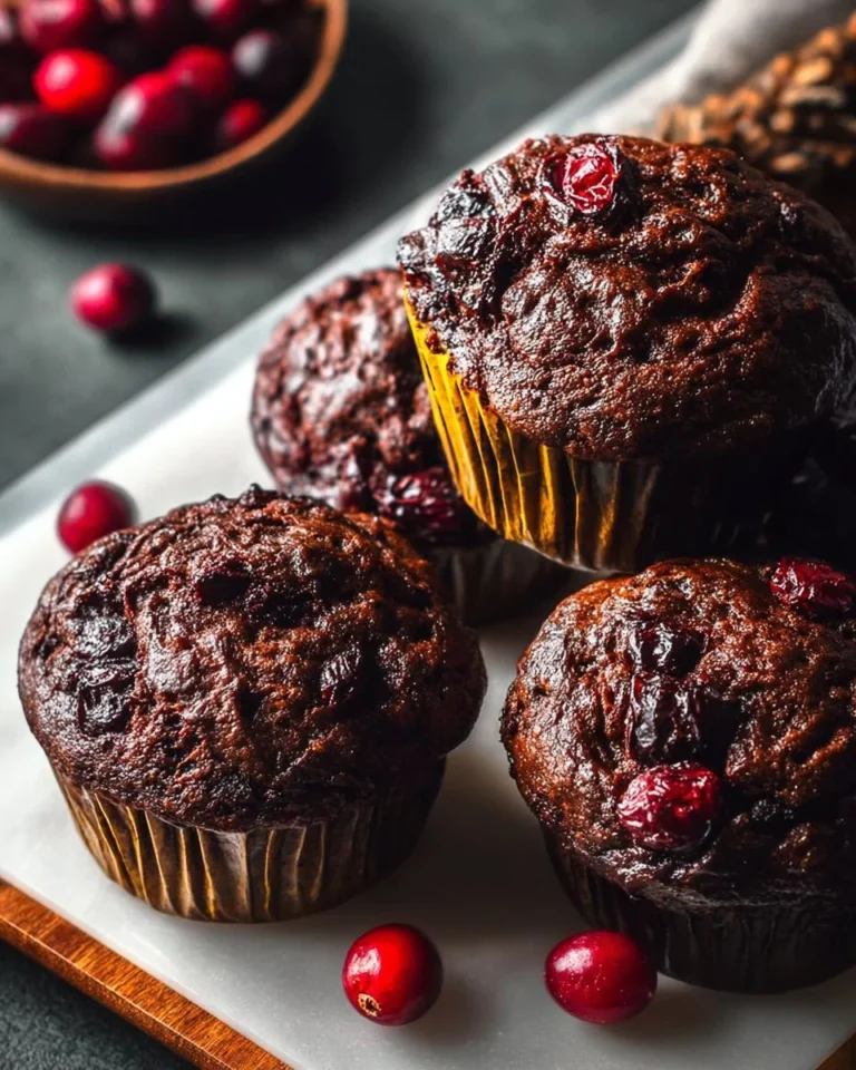 Delicious double chocolate cranberry muffins topped with chocolate chips