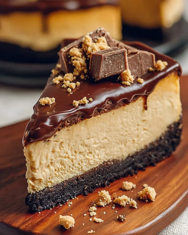 Slice of dreamy peanut butter cheesecake topped with chocolate drizzle and peanuts
