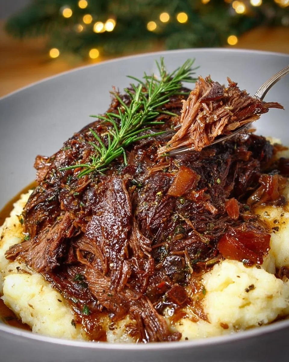 Delicious easy baked chuck roast served with vegetables on a plate.