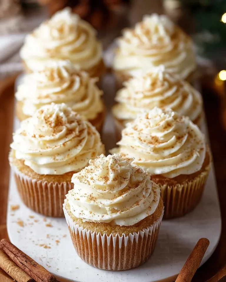 Delicious easy eggnog cupcakes topped with festive frosting and nutmeg.
