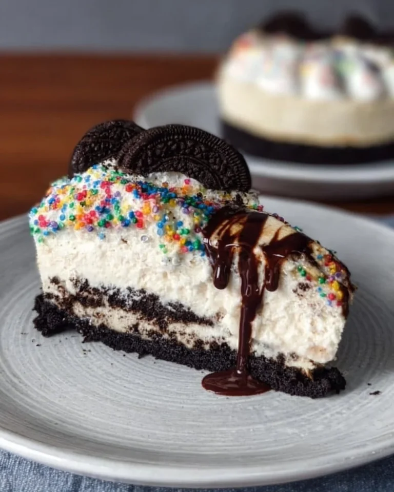 Delicious slice of easy Oreo cheesecake topped with cookie crumbs