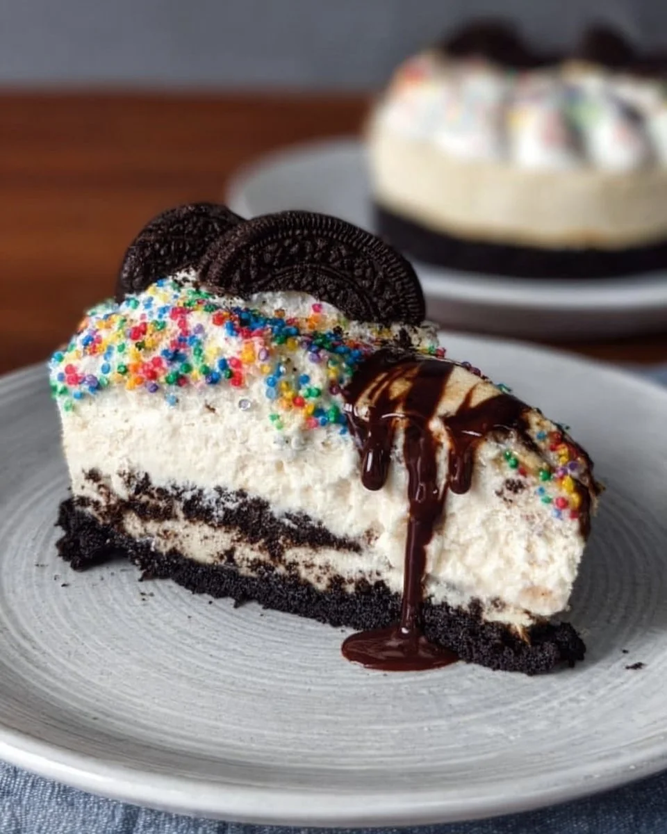 Delicious slice of easy Oreo cheesecake topped with cookie crumbs