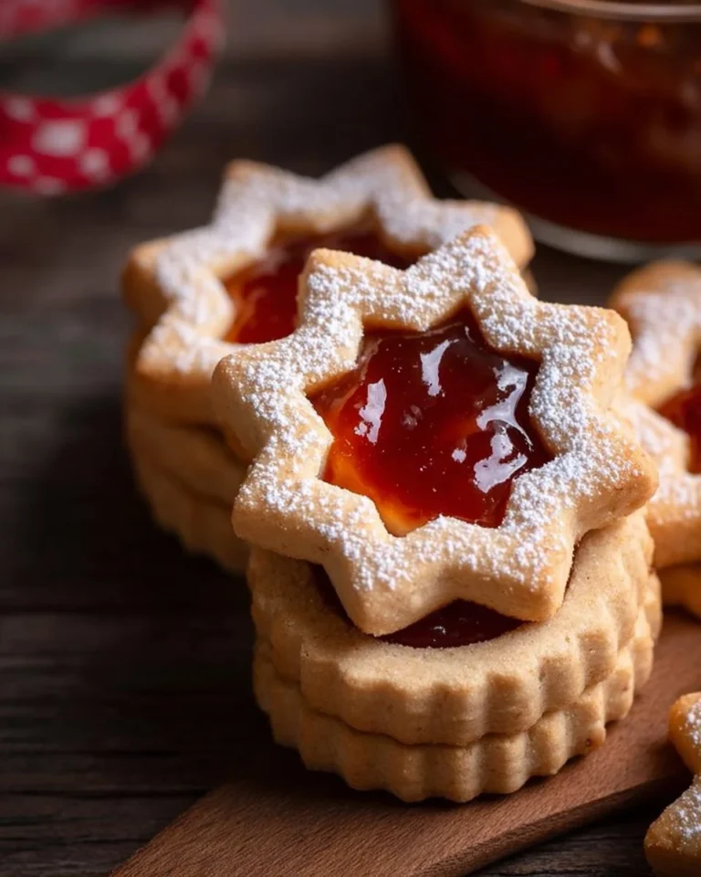 Elegant caramel Linzer cookies stacked on a plate, perfect for any occasion.