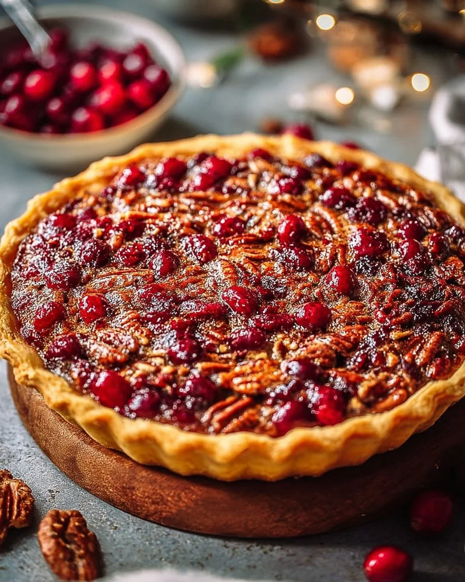 Slice of festive cranberry pecan pie with pecans and cranberries on top