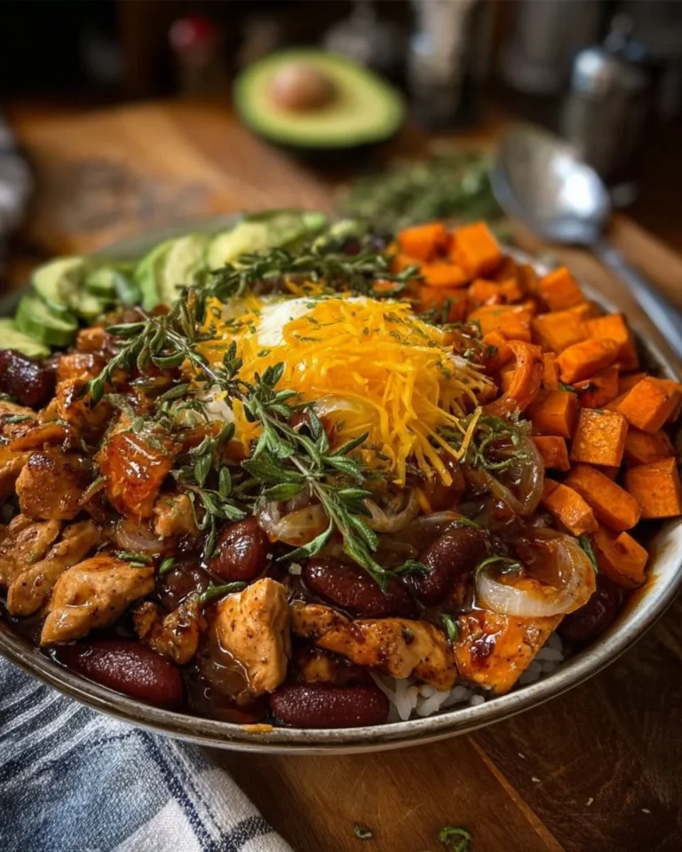 Flavor-packed chicken and sweet potato rice bowl - a nutritious meal.