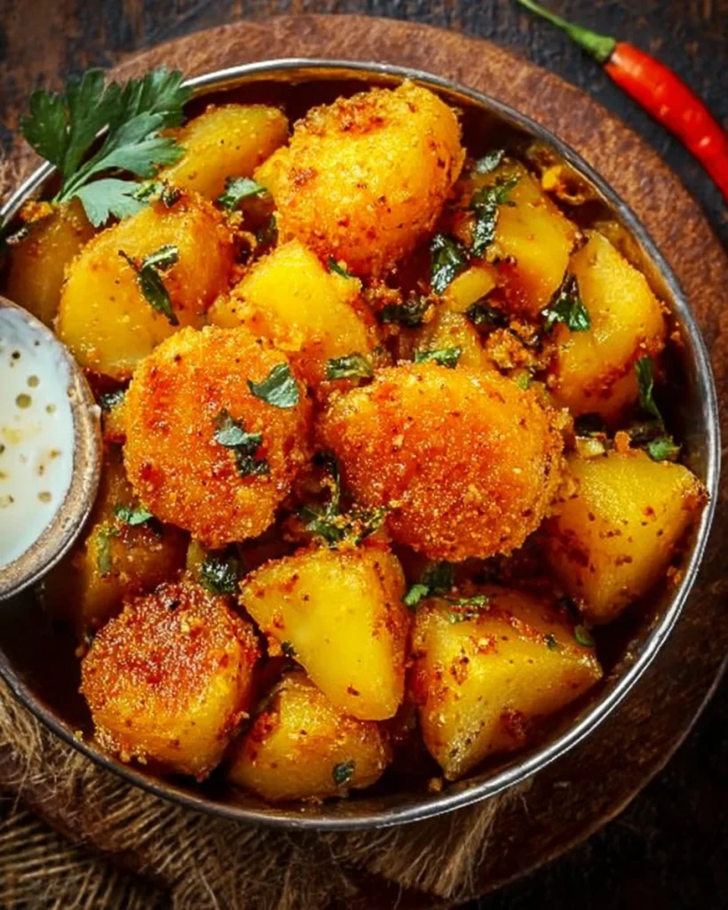 A delicious plate of Indian Potato Masala garnished with fresh coriander.