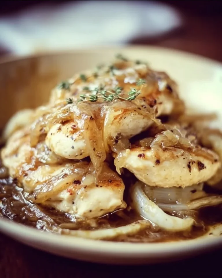 Delicious French Onion Chicken topped with melted cheese and caramelized onions