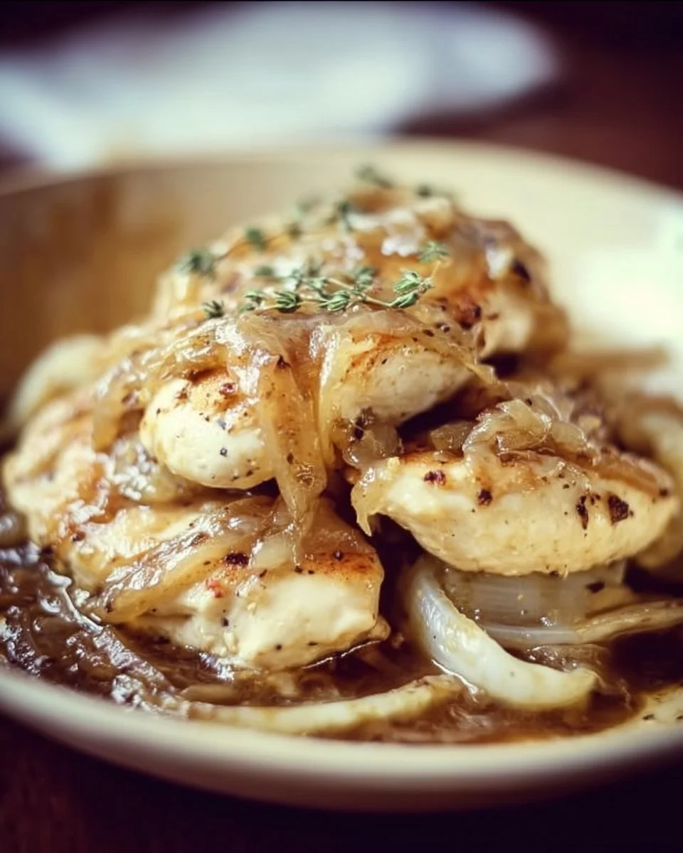 Delicious French Onion Chicken topped with melted cheese and caramelized onions