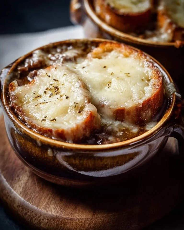 Delicious bowl of French Onion Soup with Beef and melted cheese on top.