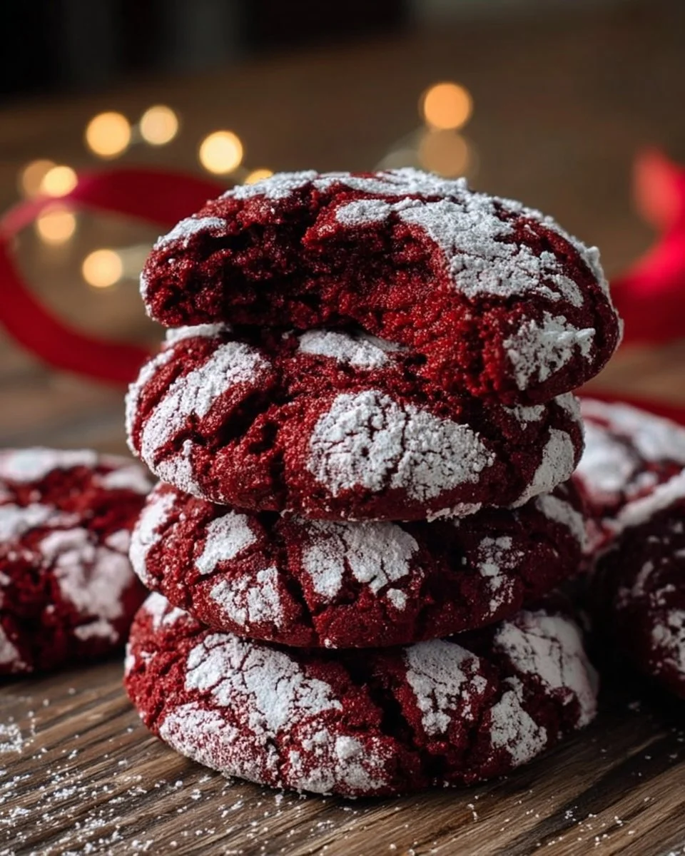 Fudgy red velvet crinkle cookies stacked on a plate