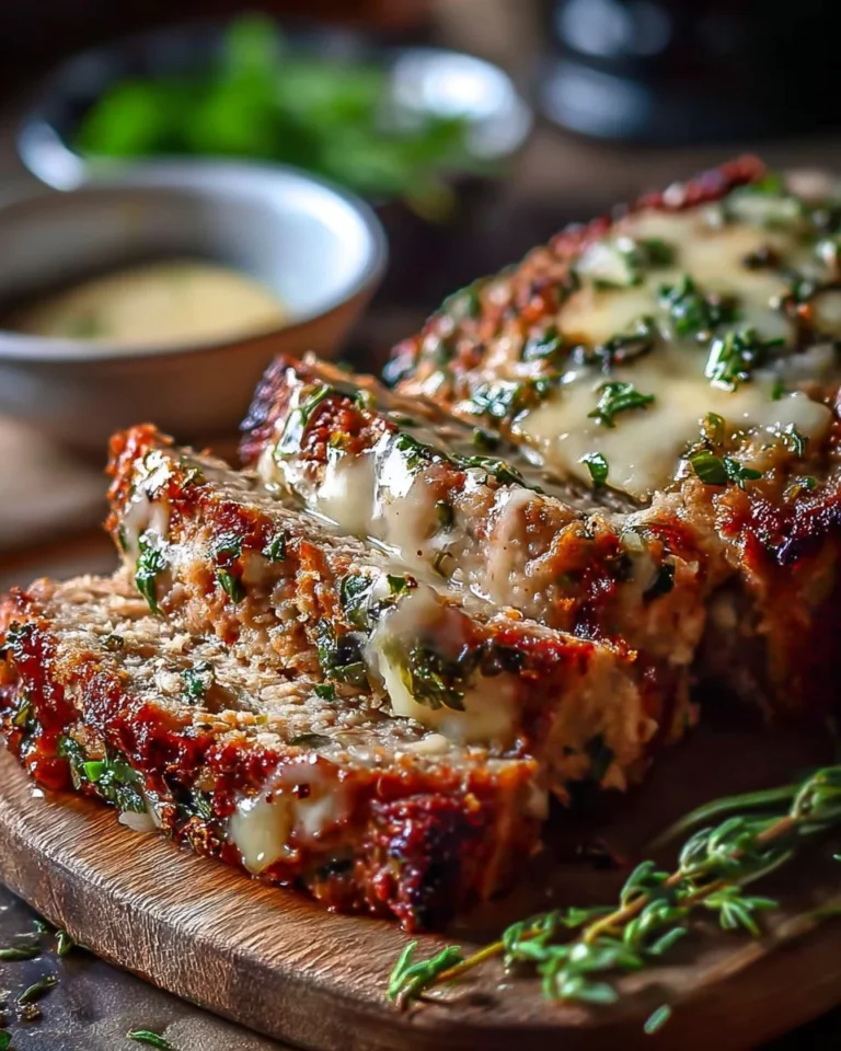 Delicious Garlic Parmesan Chicken Meatloaf served with herbs and side dishes