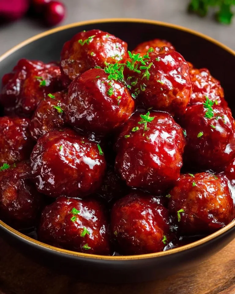 Plate of glazed cranberry meatballs with a shiny sauce