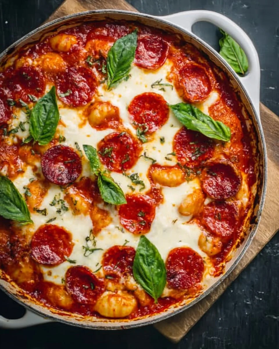 Baked gnocchi with pepperoni and mozzarella cheese, served in a casserole dish