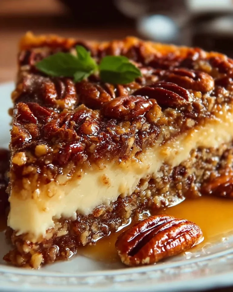 Delicious gooey butter pecan cake topped with nuts and caramel drizzle.
