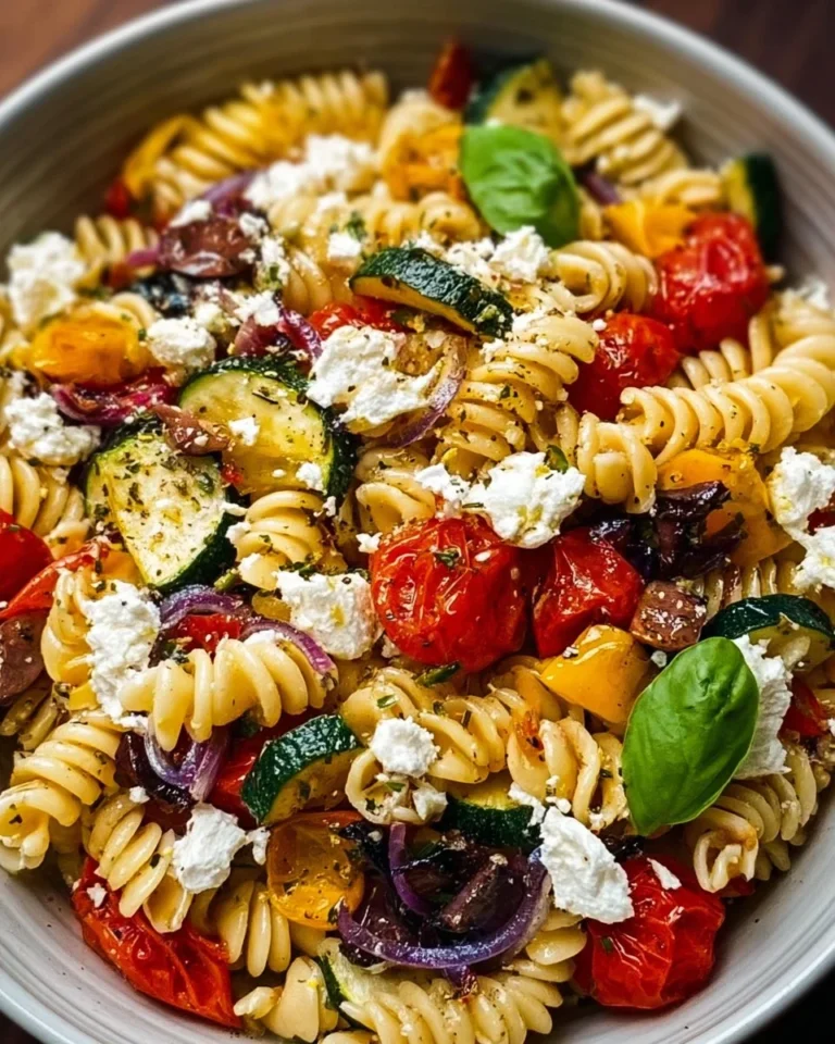 Greek Roasted Vegetable Pasta Salad with vibrant veggies and pasta in a bowl