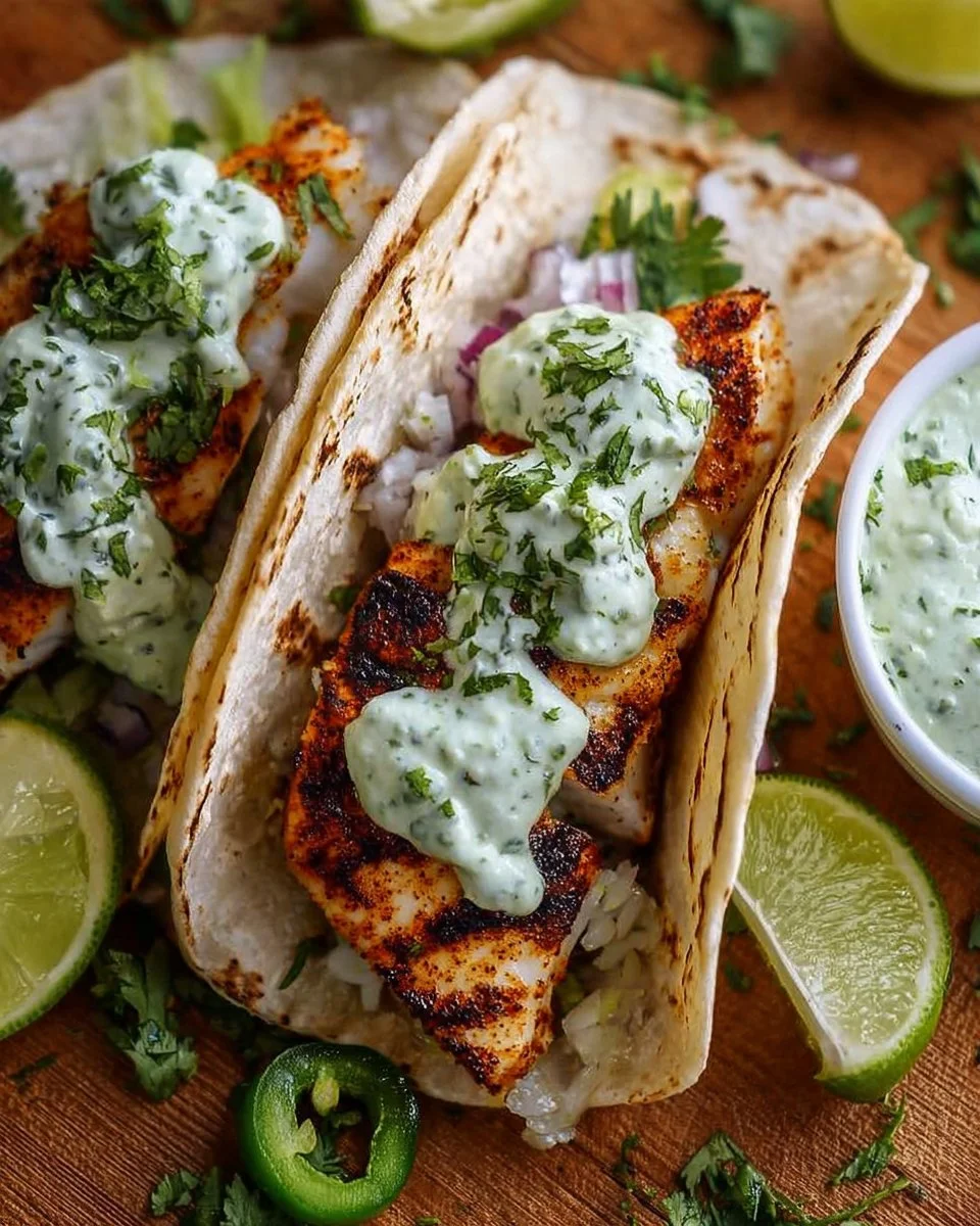 Delicious grilled fish tacos topped with fresh ingredients and lime wedges