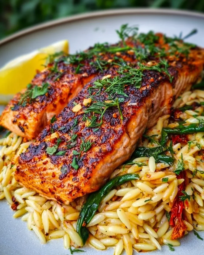 Harissa Salmon dish served with orzo and vegetables