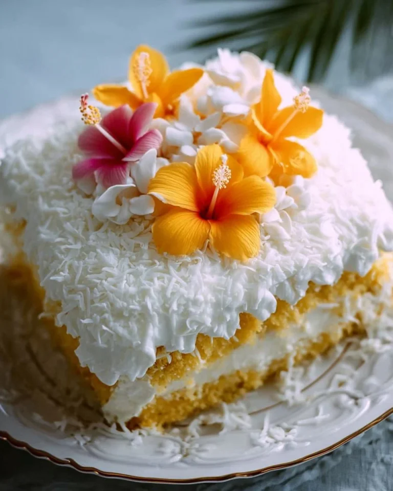 A beautifully decorated Hawaiian Wedding Cake with tropical fruits and floral accents.