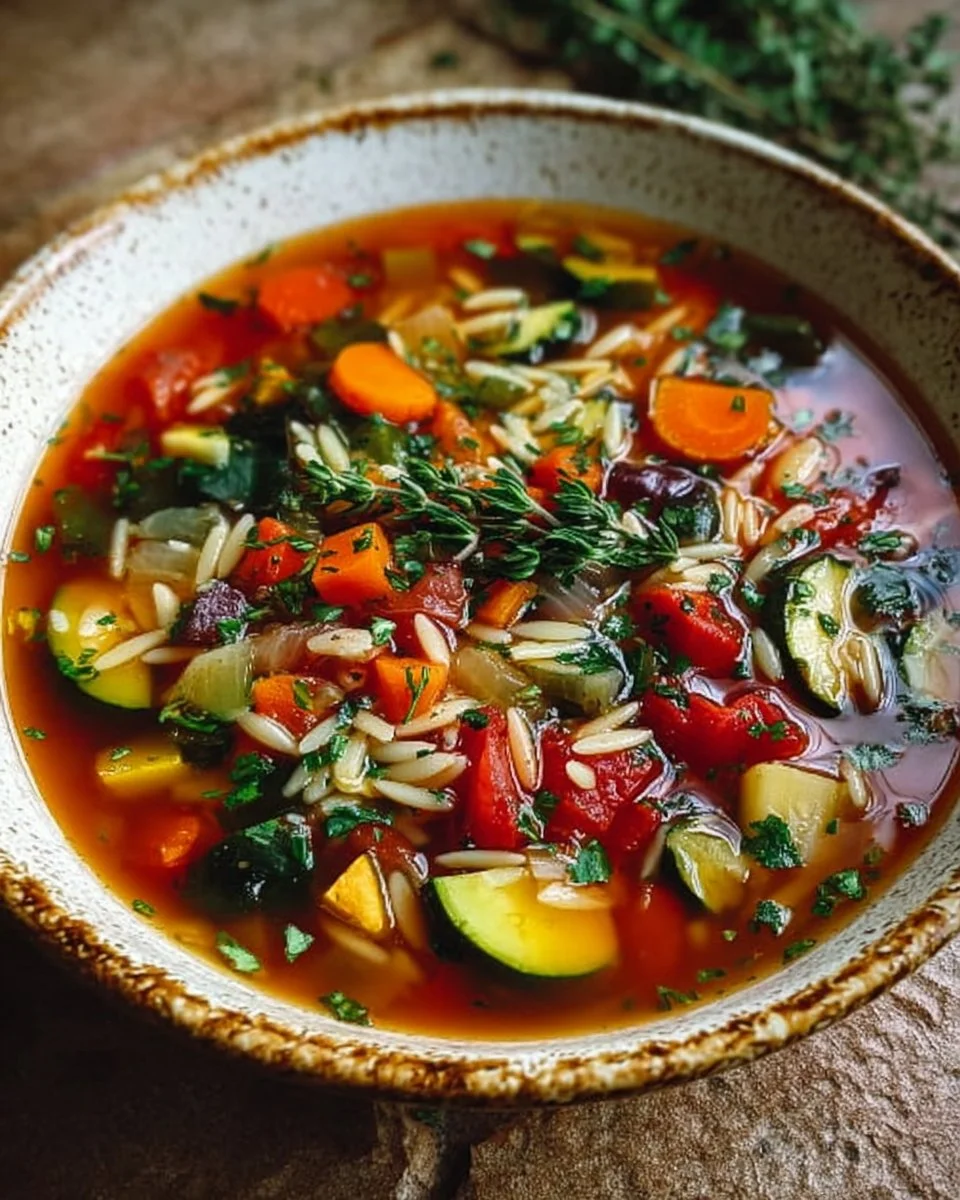 Healthy vegetable orzo soup with fresh vegetables and herbs in a bowl.