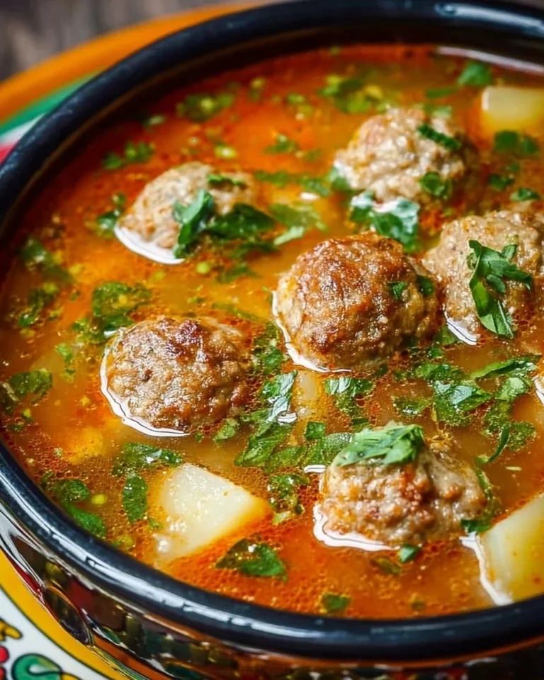 Bowl of hearty albondigas soup with meatballs and vegetables.