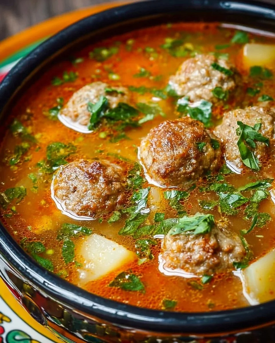 Bowl of hearty albondigas soup with meatballs and vegetables.