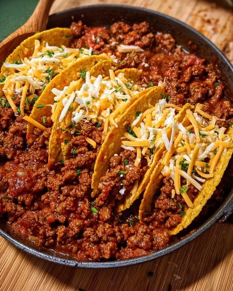 Hearty baked chili cheese beef tacos ready to serve