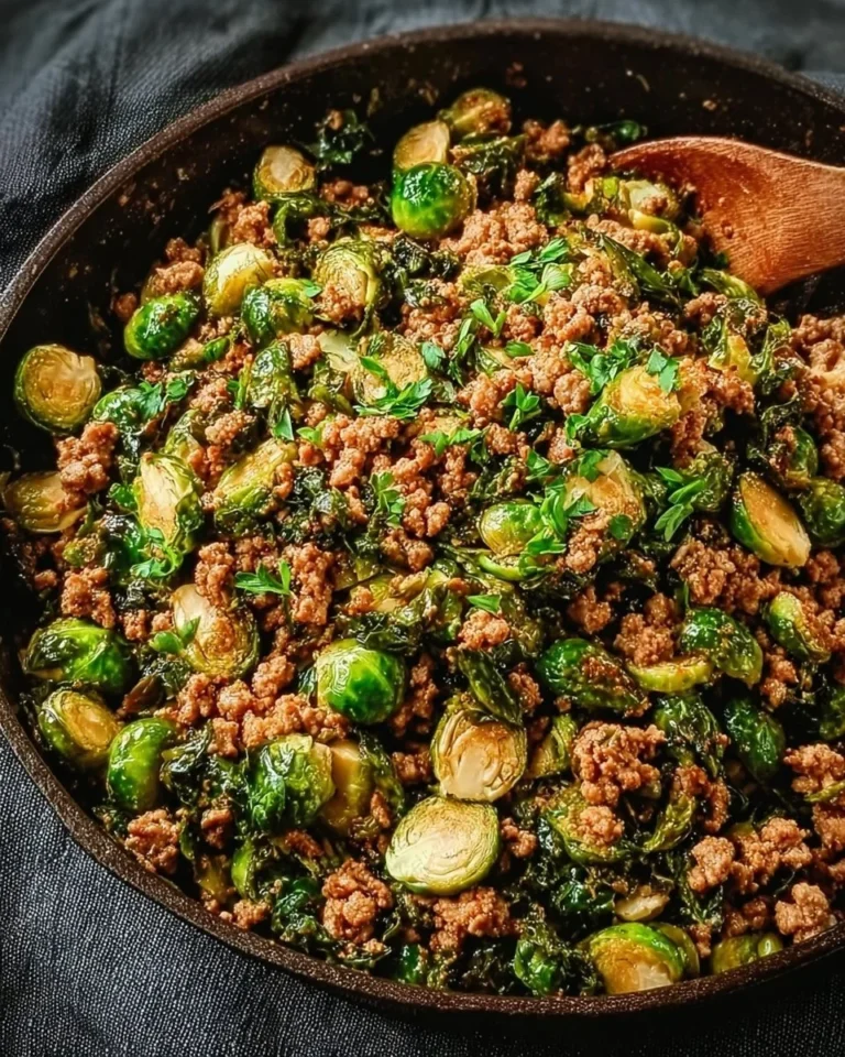 Hearty Brussels Sprouts Ground Turkey Skillet served in a pan