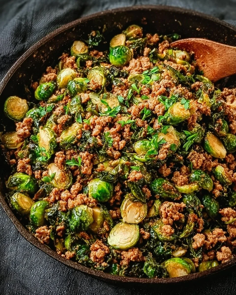 Hearty Brussels Sprouts Ground Turkey Skillet served in a pan